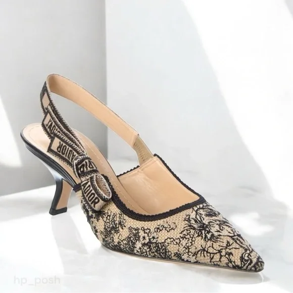 Dior J'adior Canvas Slingback Pump, toile de jouy, Black and Halzelnut size 38 - Picture 2 of 13